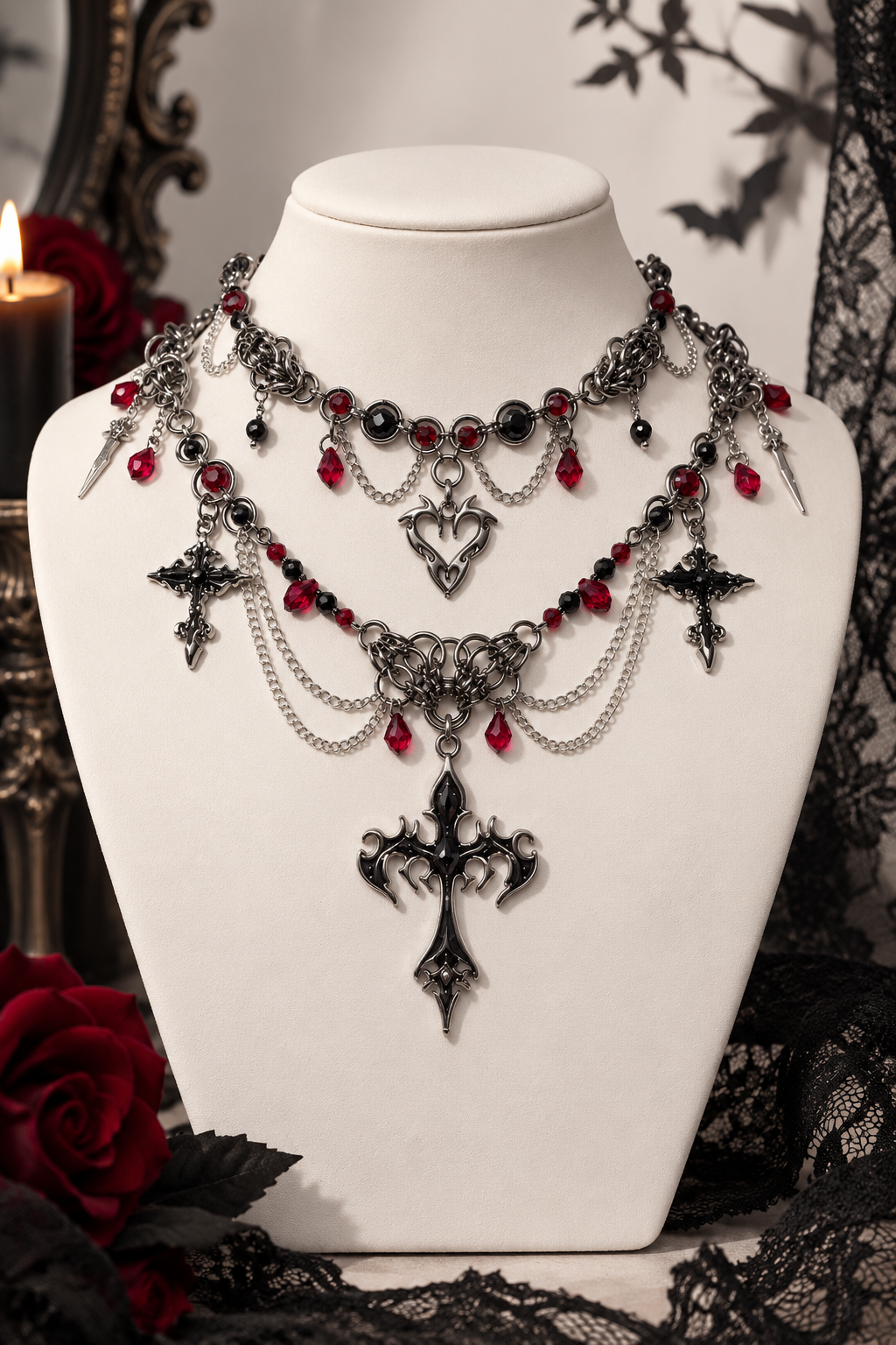Gothic Cross Red Crystal Layered Choker Necklace