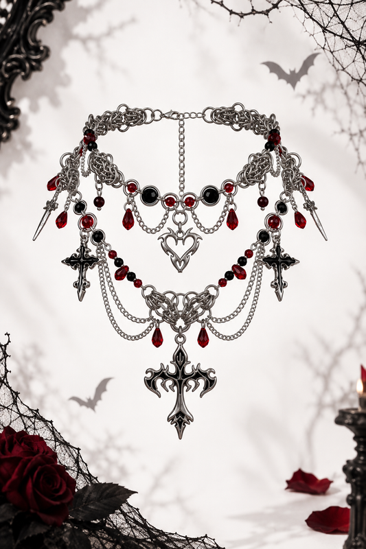 Gothic Cross Red Crystal Layered Choker Necklace