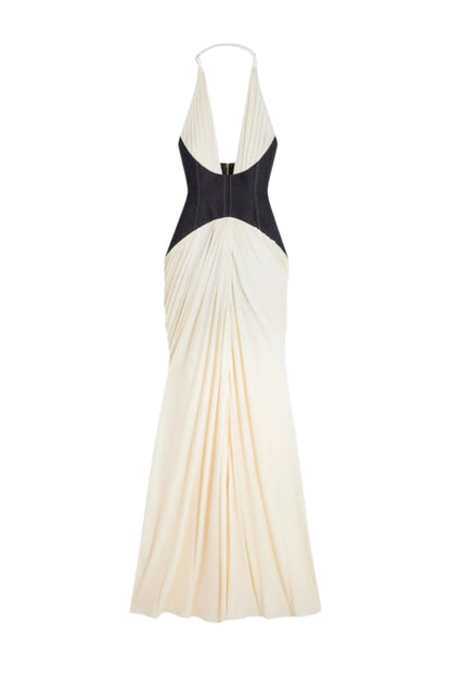 Daryle Halter Denim Corset Ruched Maxi Dress