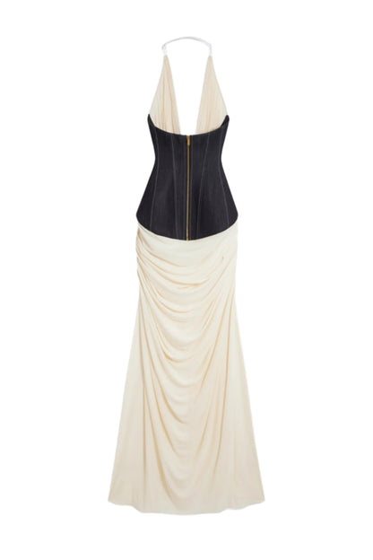 Daryle Halter Denim Corset Ruched Maxi Dress