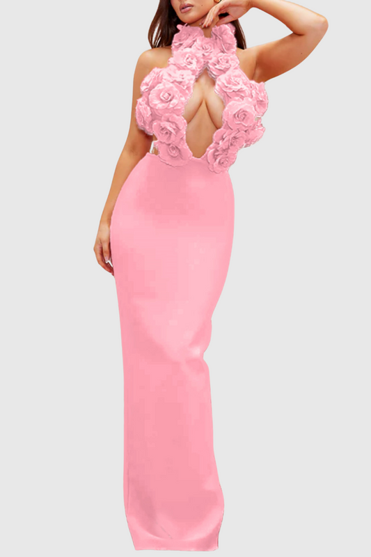Datherine Floral Appliqué Halter Maxi Bandage Dress - Pink