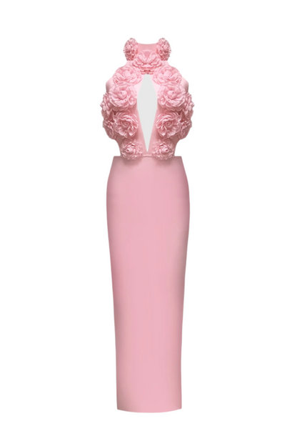 Datherine Floral Appliqué Halter Maxi Bandage Dress - Pink