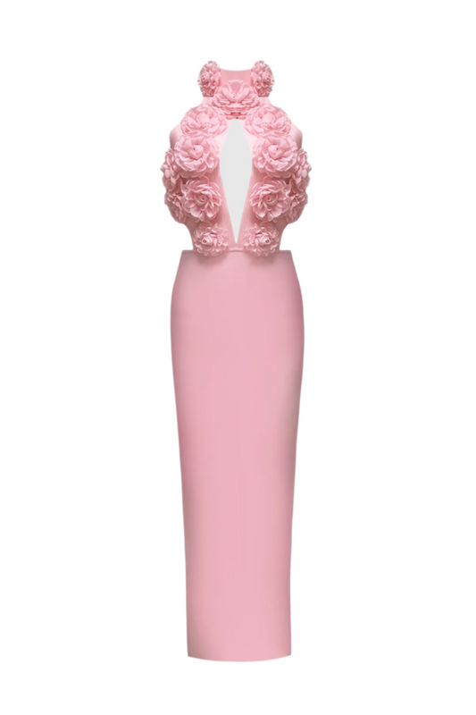 Datherine Floral Appliqué Halter Maxi Bandage Dress - Pink