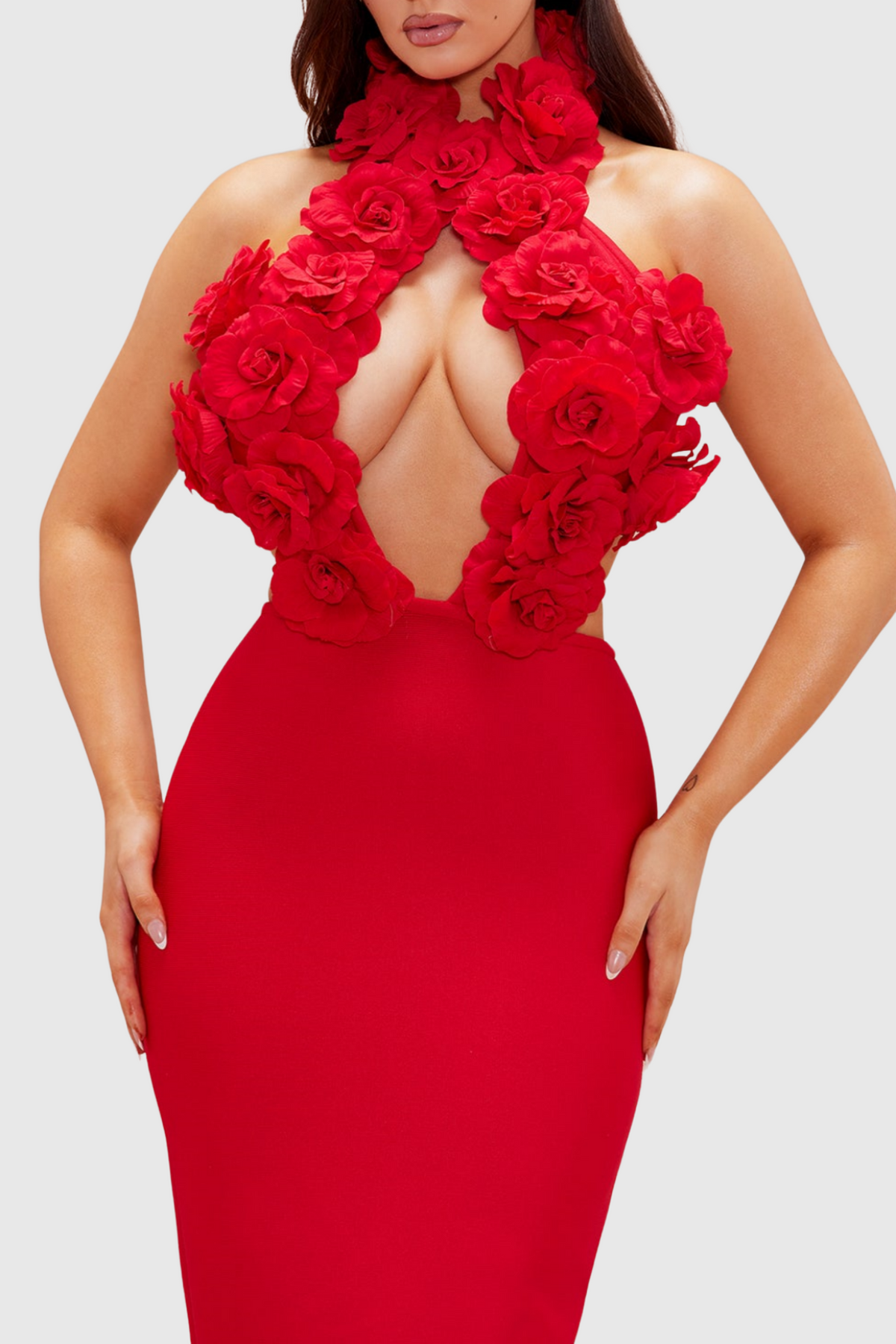 Datherine Floral Appliqué Halter Maxi Bandage Dress - Red