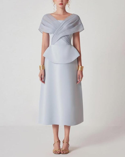mesh patchwork midi dress in light grey