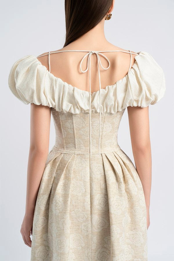 boat neck corset maxi dress in beige