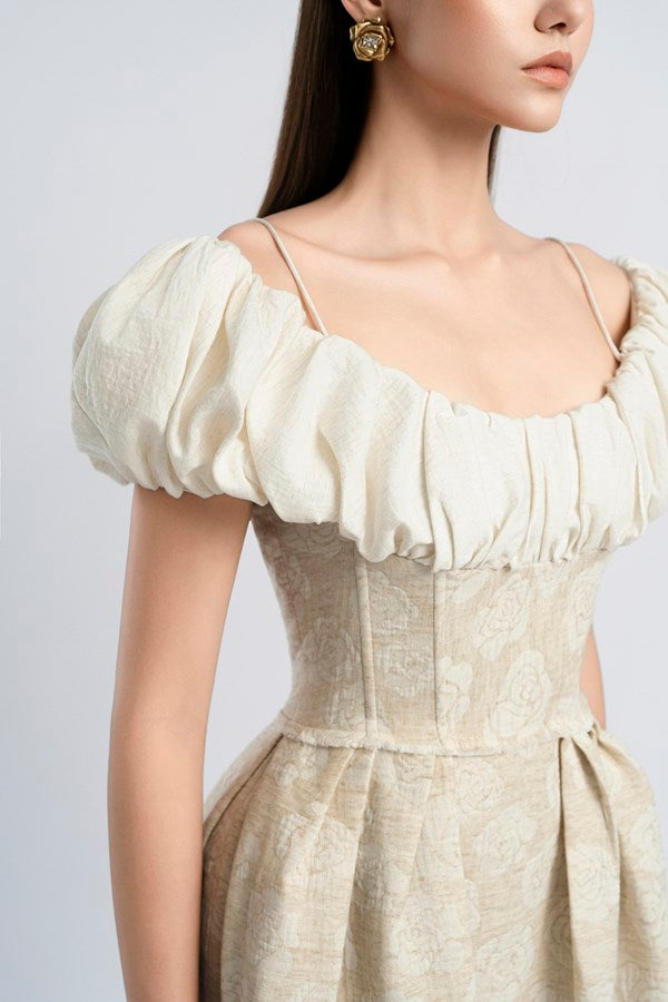 boat neck corset maxi dress in beige