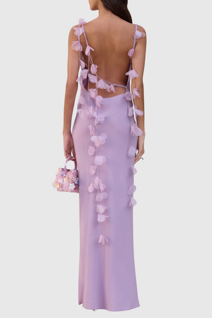 Dedrik Floral Ribbon Satin Open Back Maxi Dress