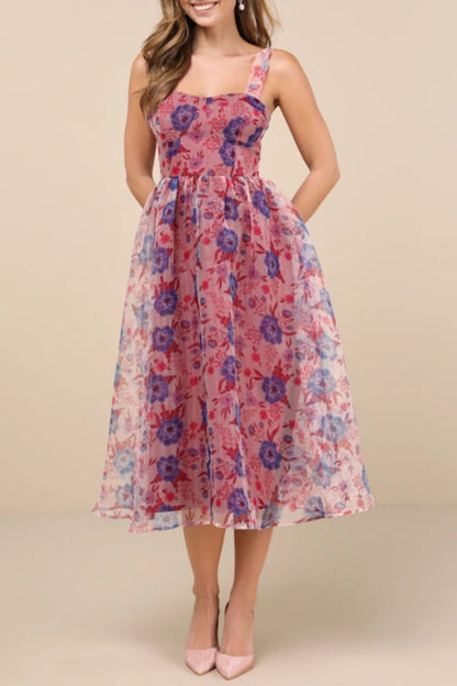 Delightful Look Magenta Floral Print Bustier Midi Skater Dress