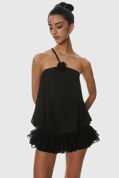 Dellesa Floral One Shoulder Top - Black