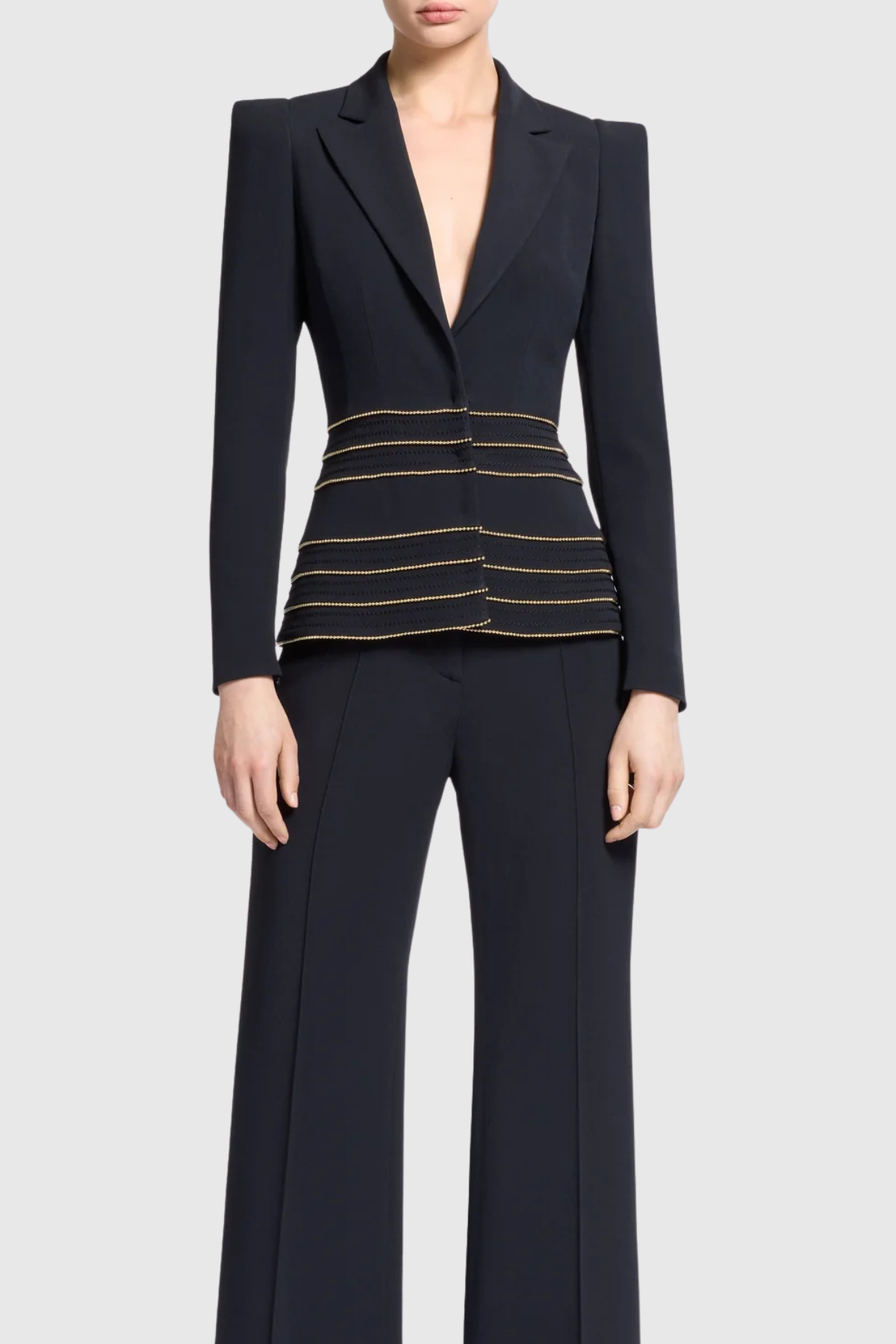 sandy Trim Embellished Blazer & Pants Set - black