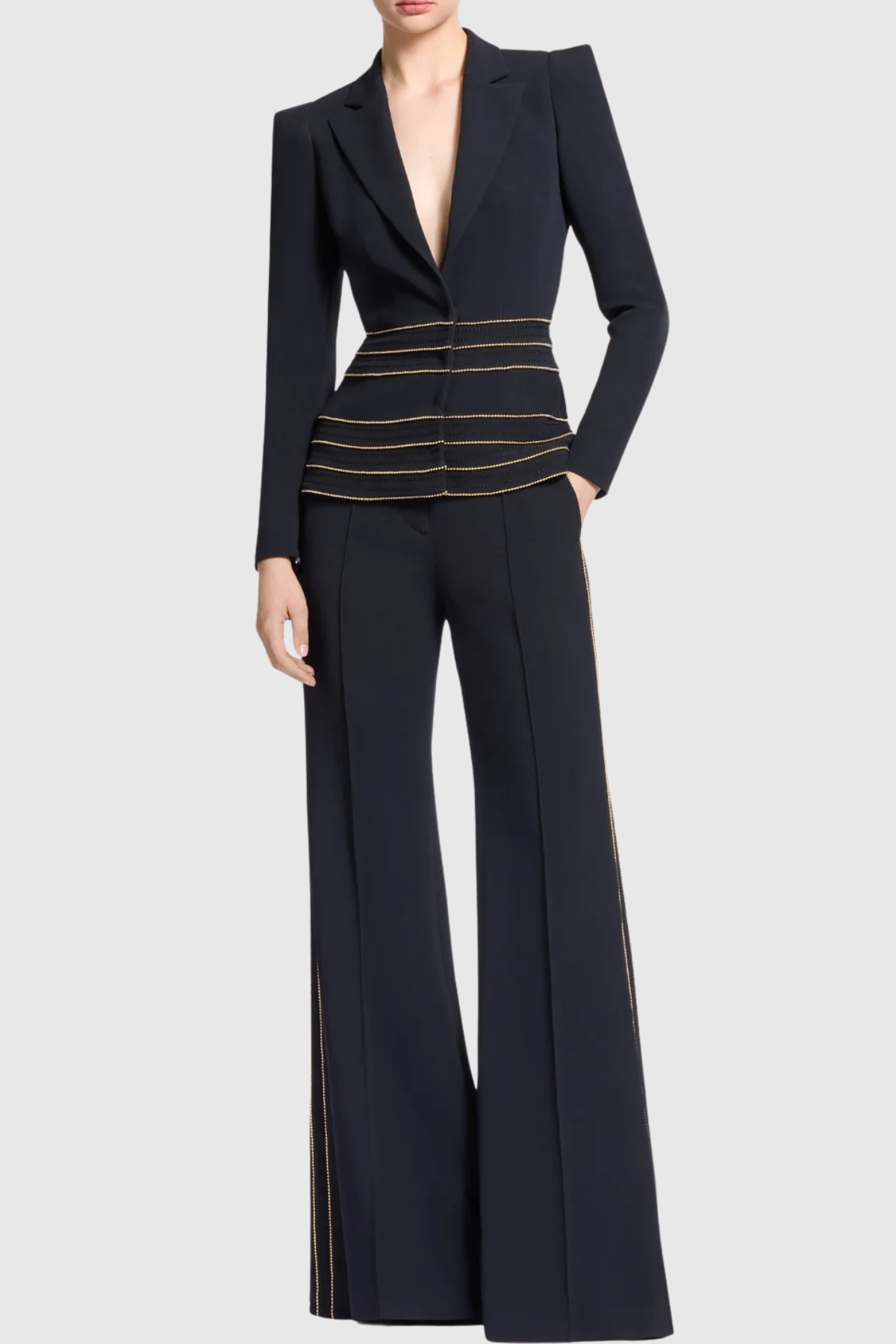 sandy Trim Embellished Blazer & Pants Set - black