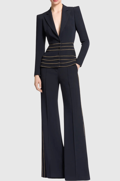 sandy Trim Embellished Blazer & Pants Set - black