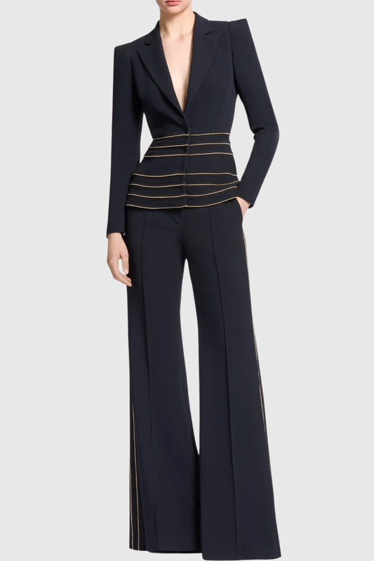 sandy Trim Embellished Blazer & Pants Set - black