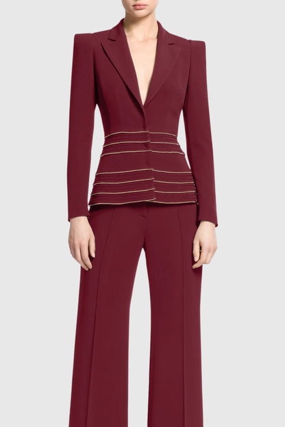 sandy Trim Embellished Blazer & Pants Set - Wine