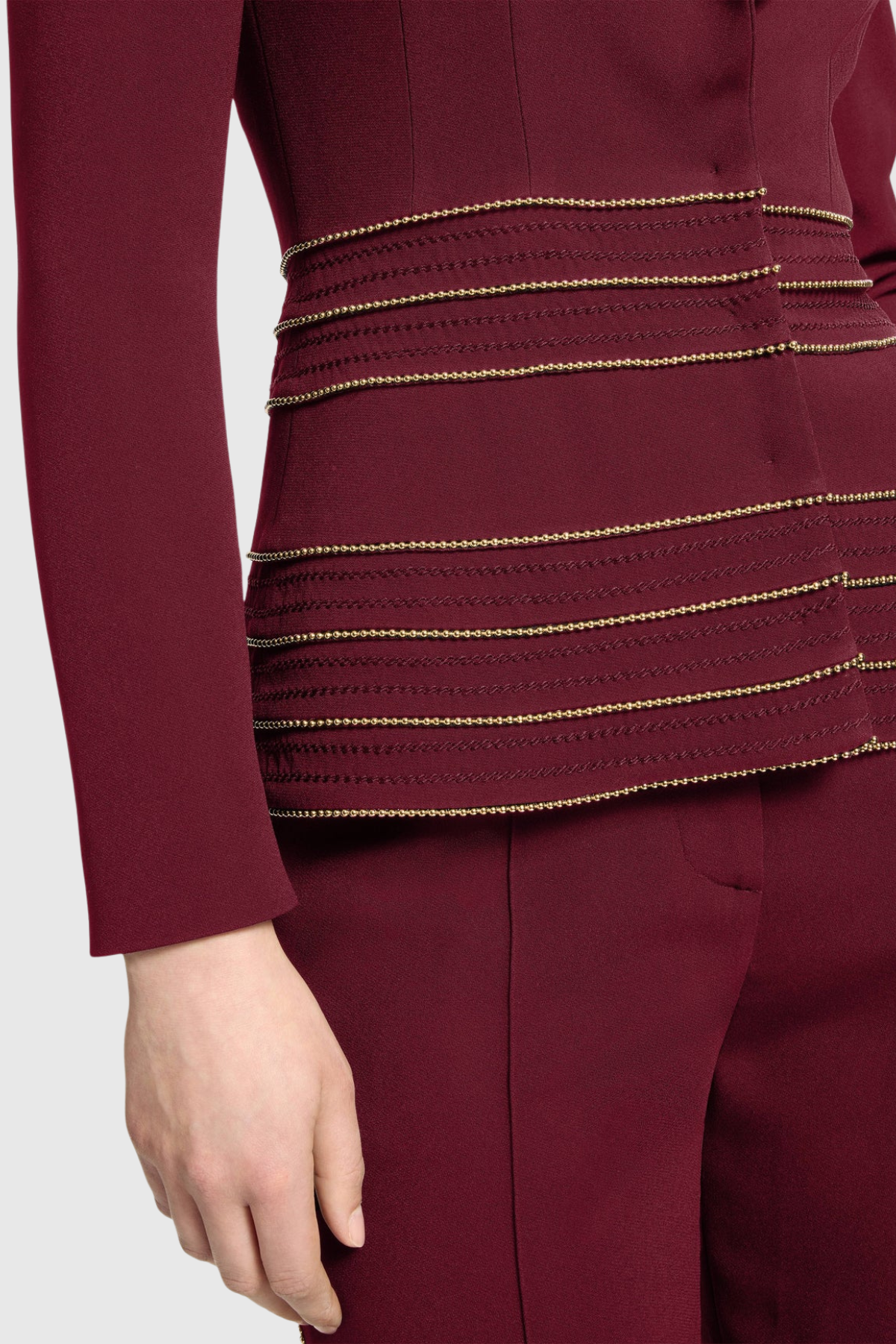 sandy Trim Embellished Blazer & Pants Set - Wine