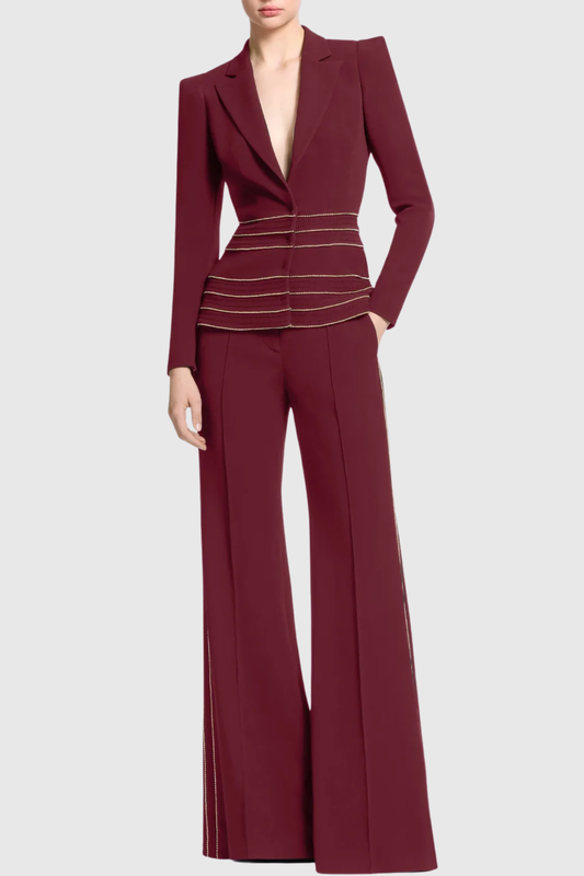 sandy Trim Embellished Blazer & Pants Set - Wine