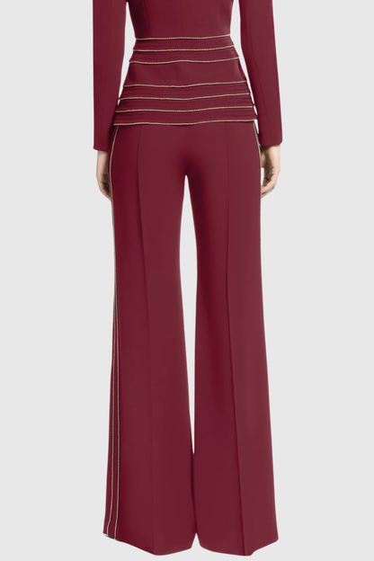 sandy Trim Embellished Blazer & Pants Set - Wine