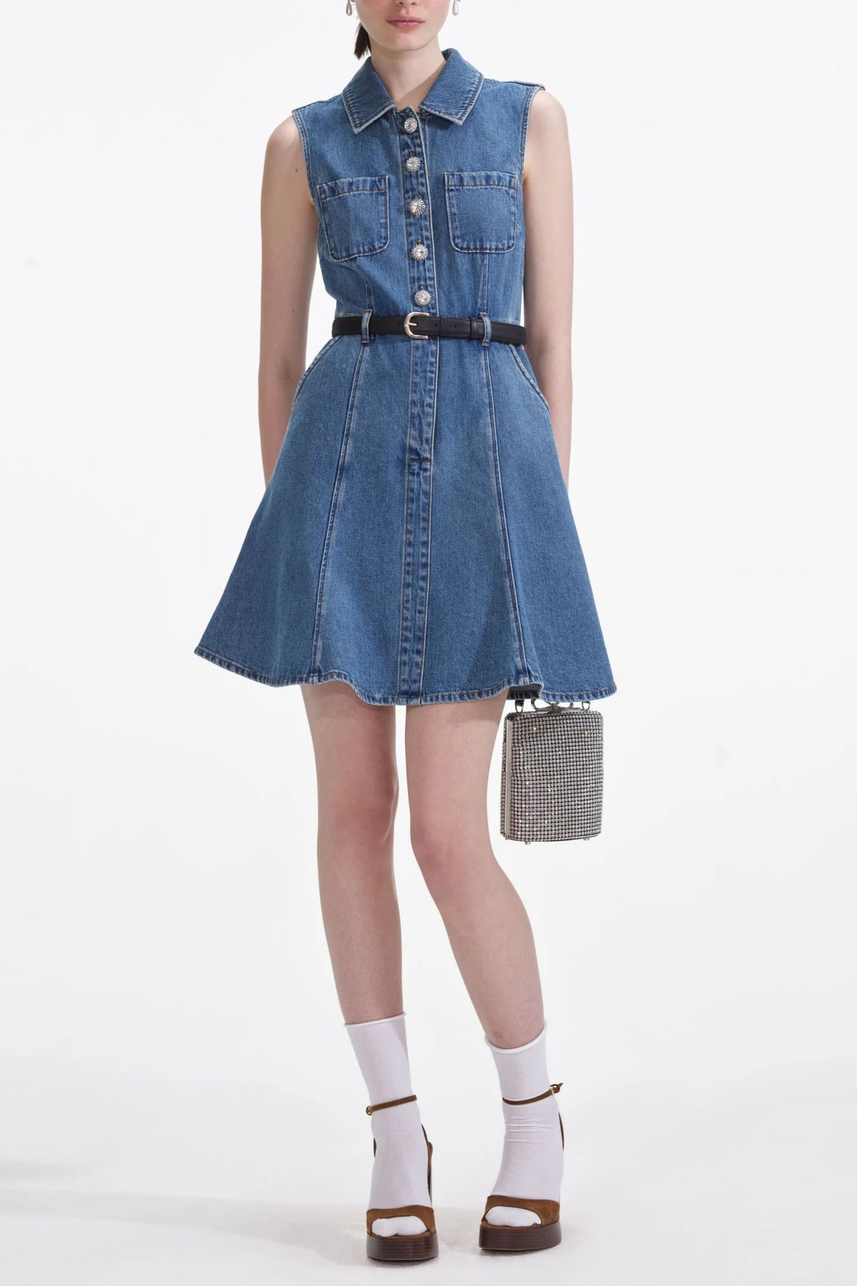 Denim Sleeveless Pearl Mini Dress