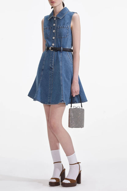 Denim Sleeveless Pearl Mini Dress