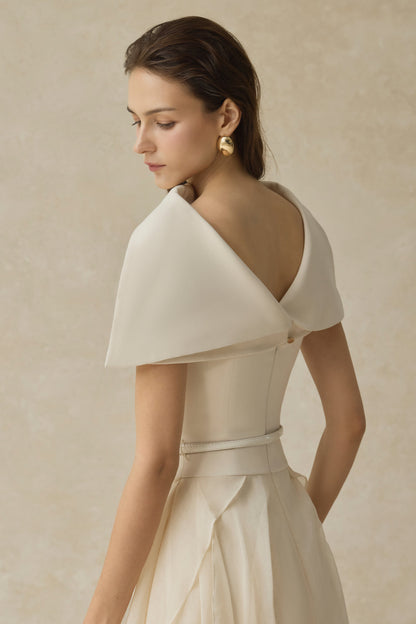 kelly beige Cape Sleeve Ruffle Midi Dress with belt