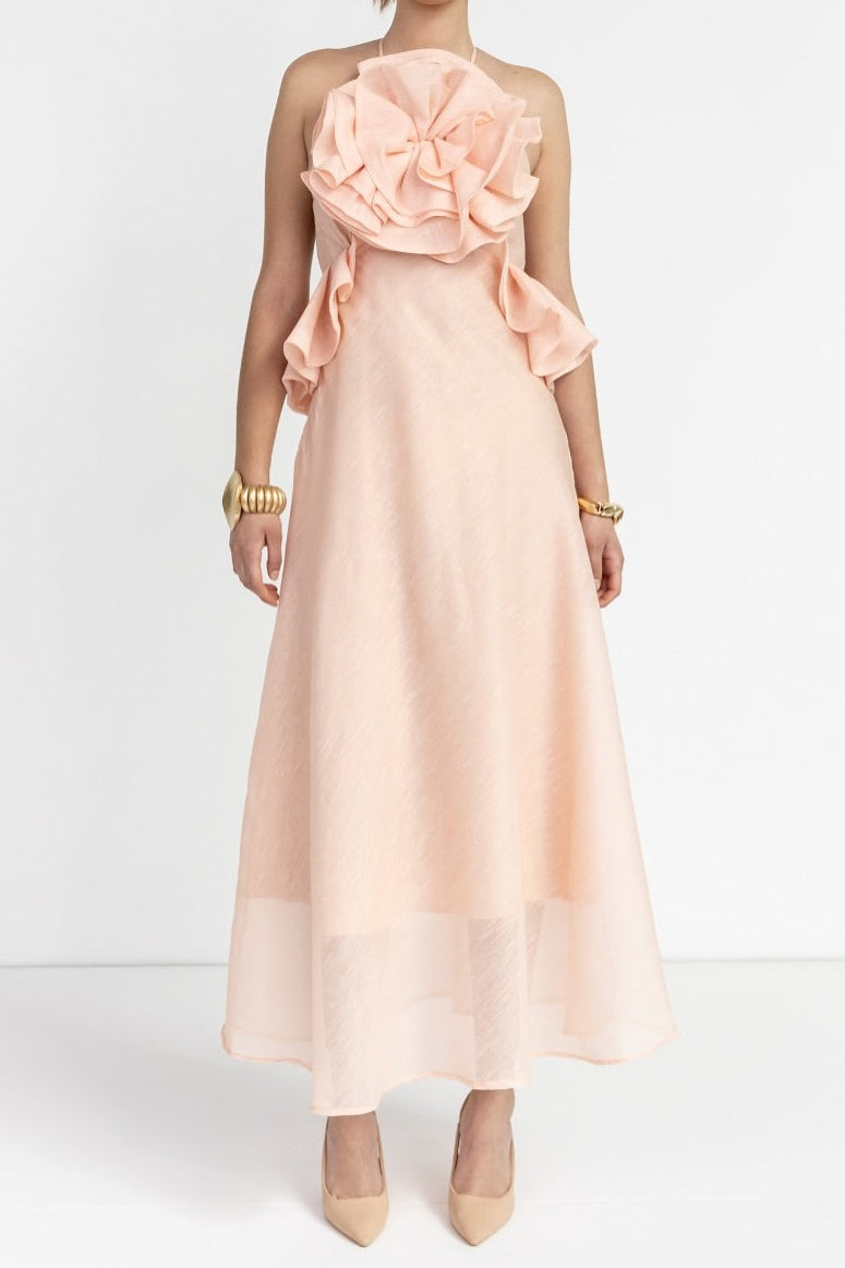 aurora Halter Neck Ruffle Maxi Dress in pink