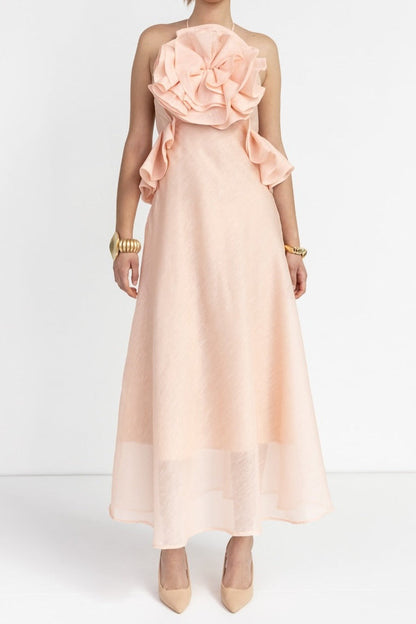 aurora Halter Neck Ruffle Maxi Dress in pink