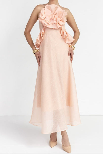 aurora Halter Neck Ruffle Maxi Dress in pink