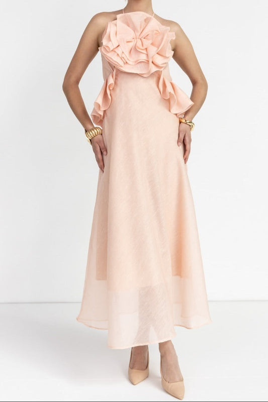 aurora Halter Neck Ruffle Maxi Dress in pink