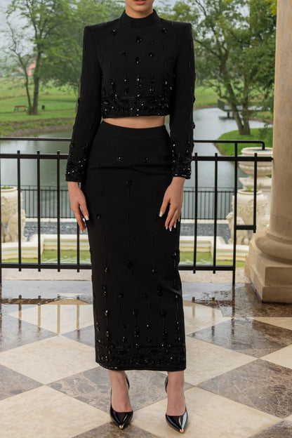 Diamond Embellished Co-Ord with Maxi Skirt - Black
