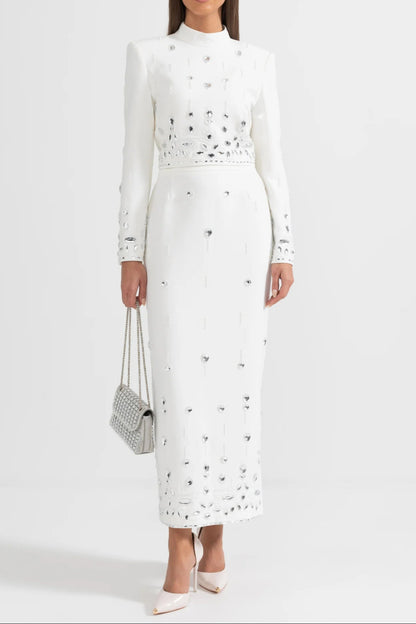 Diamond Embellished Co-Ord with Maxi Skirt - White