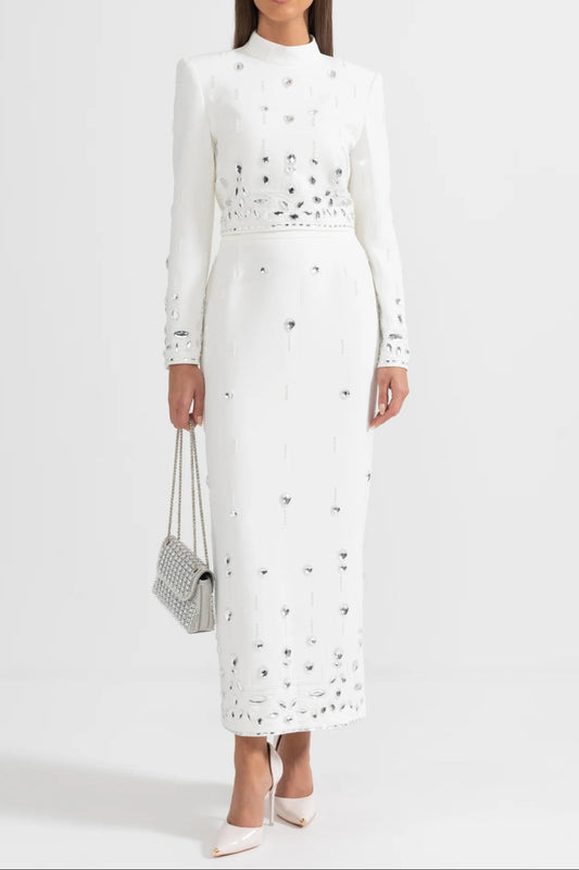 Diamond Embellished Co-Ord with Maxi Skirt - White
