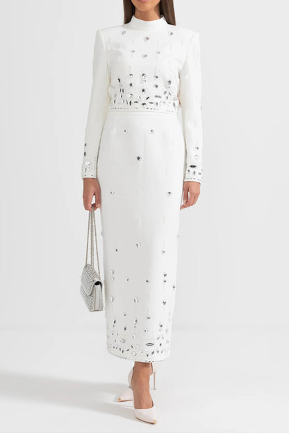Diamond Embellished Co-Ord with Maxi Skirt - White