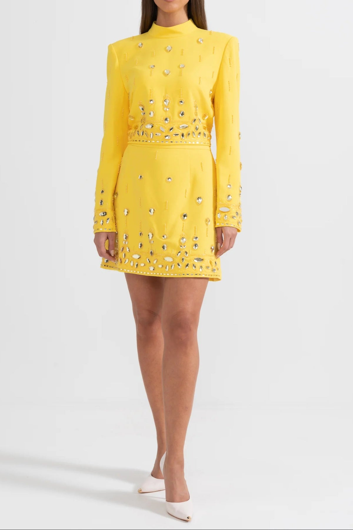 Diamond Embellished Co-Ord with Mini Skirt- Yellow