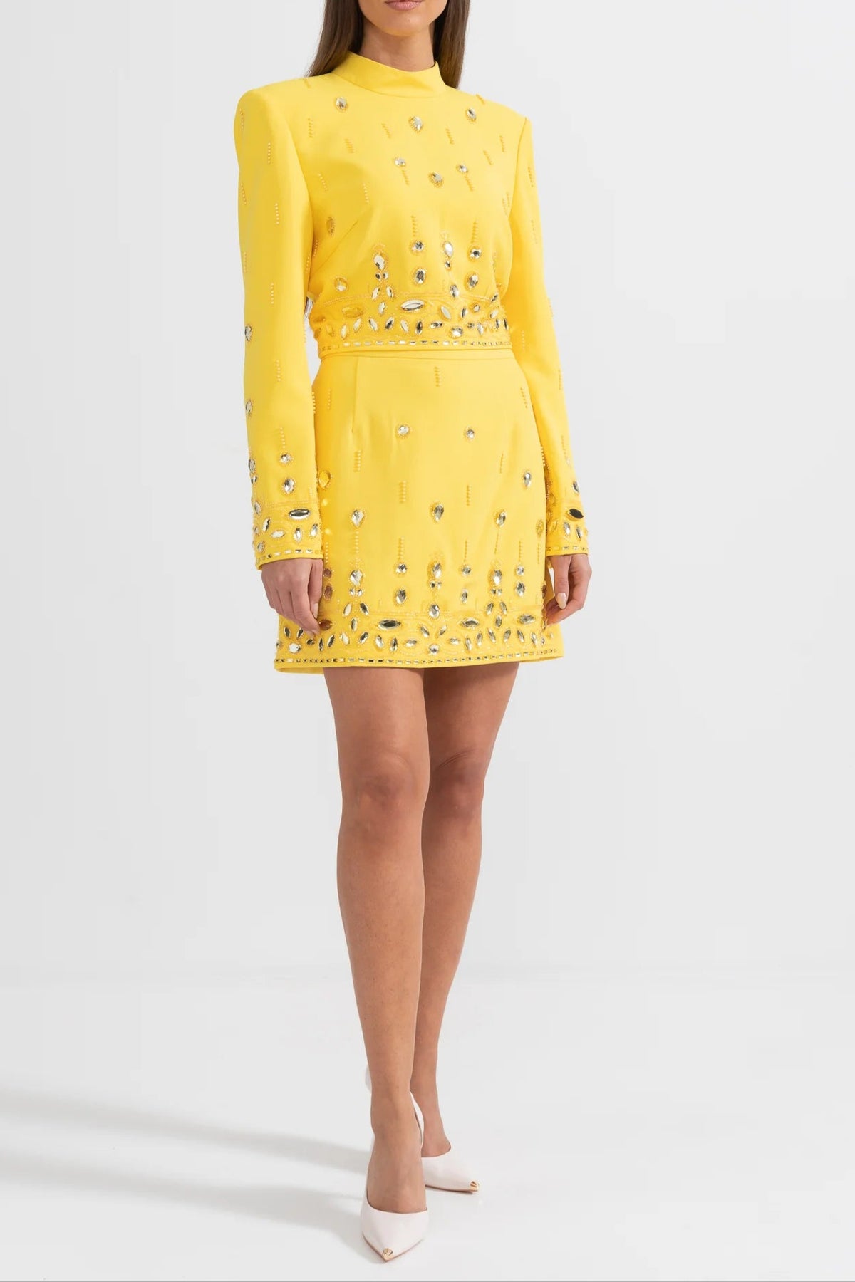 Diamond Embellished Co-Ord with Mini Skirt- Yellow