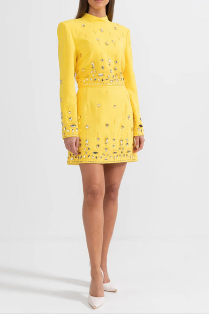 Diamond Embellished Co-Ord with Mini Skirt- Yellow
