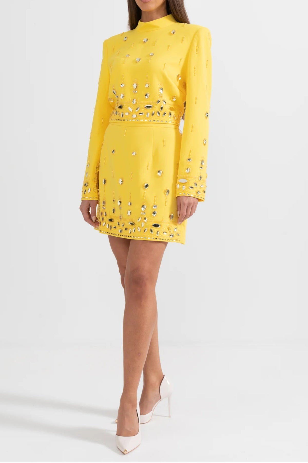 Diamond Embellished Co-Ord with Mini Skirt- Yellow