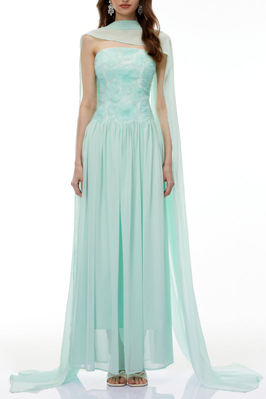rebecca Green Floral Embroidered Pleated Maxi Dress