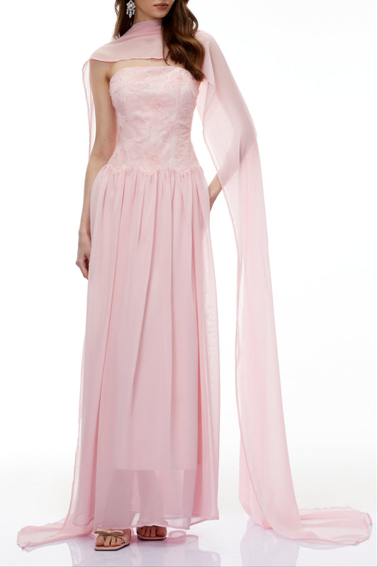 rebecca pink Floral Embroidered Pleated Maxi Dress
