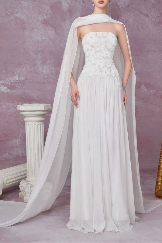 rebecca white Floral Embroidered Pleated Maxi Dress