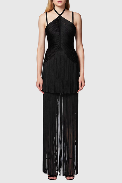 Doly Halter Fringed Maxi Bandage Dress - Black