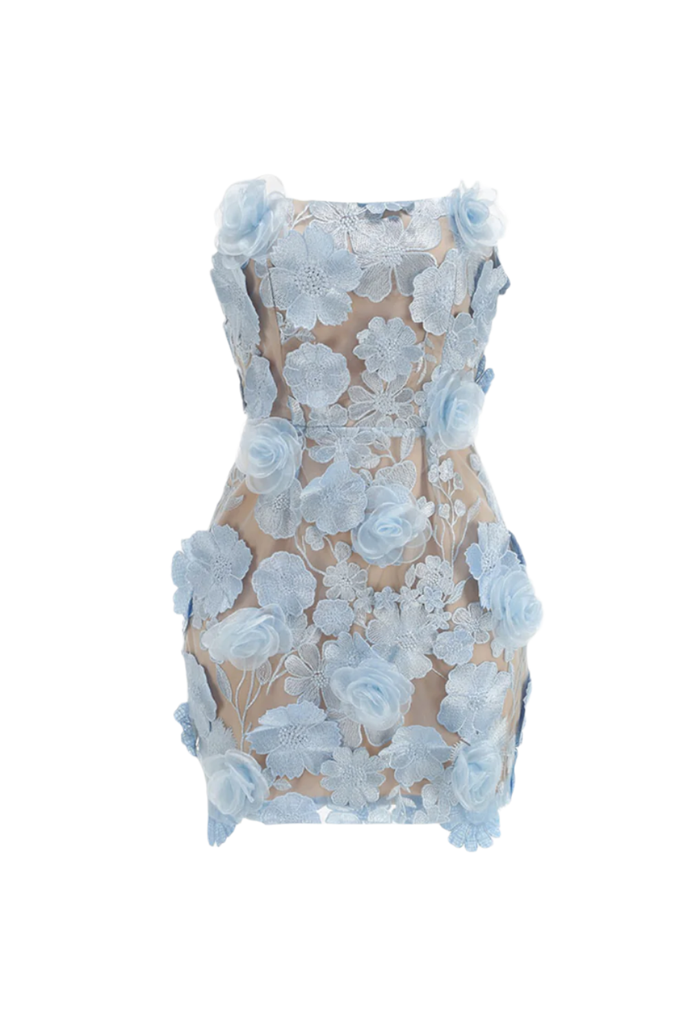 Light Blue Embroidered 3D Floral Strapless Mini Dress