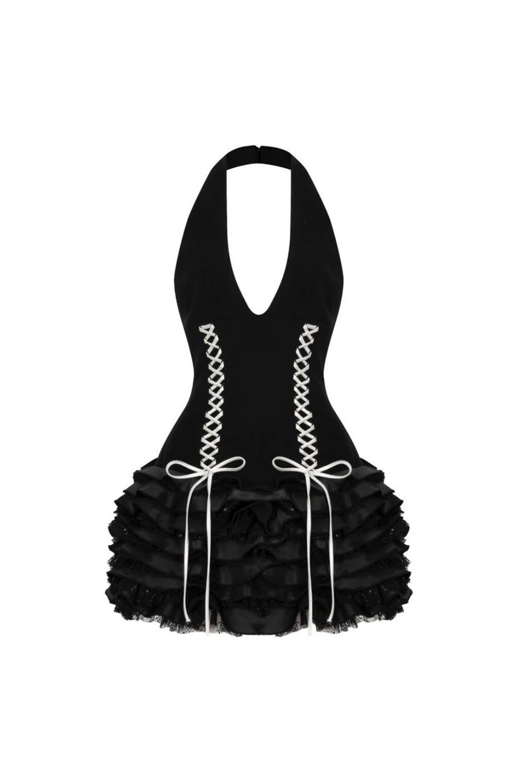 trista Lace Up Halter Neck Ruffle Mini Dress