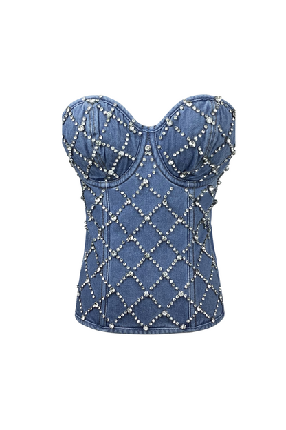 jacqueline Crystal Embellished Strapless Denim Top in blue