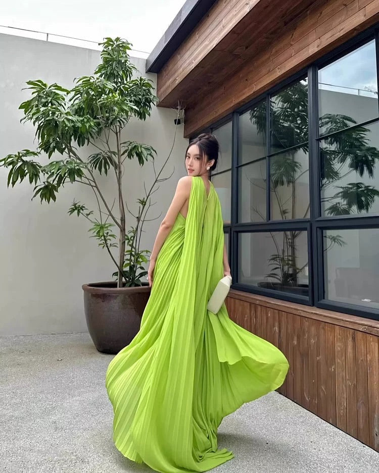 alyssa pleated grass green maxi dress