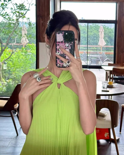 alyssa pleated grass green maxi dress