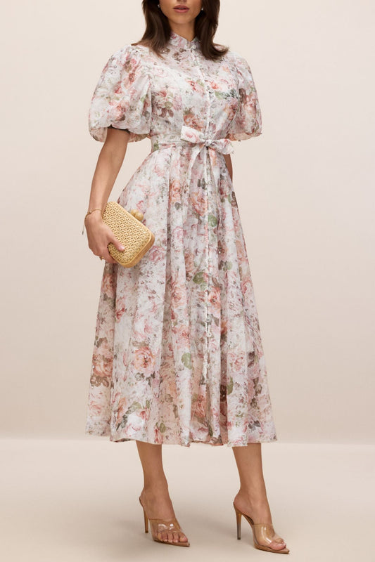 philipppa multicolor Floral Print Puff Sleeve Midi Dress