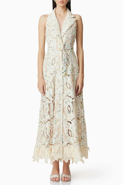 lisa v-neck Floral embroidery hollow Maxi Dress in beige