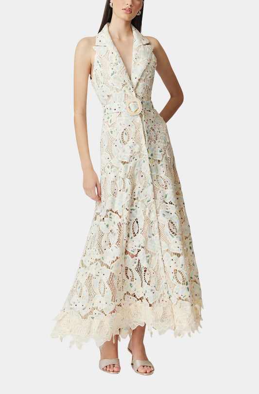 chloe sleeveless hollow lace maxi dress in beige