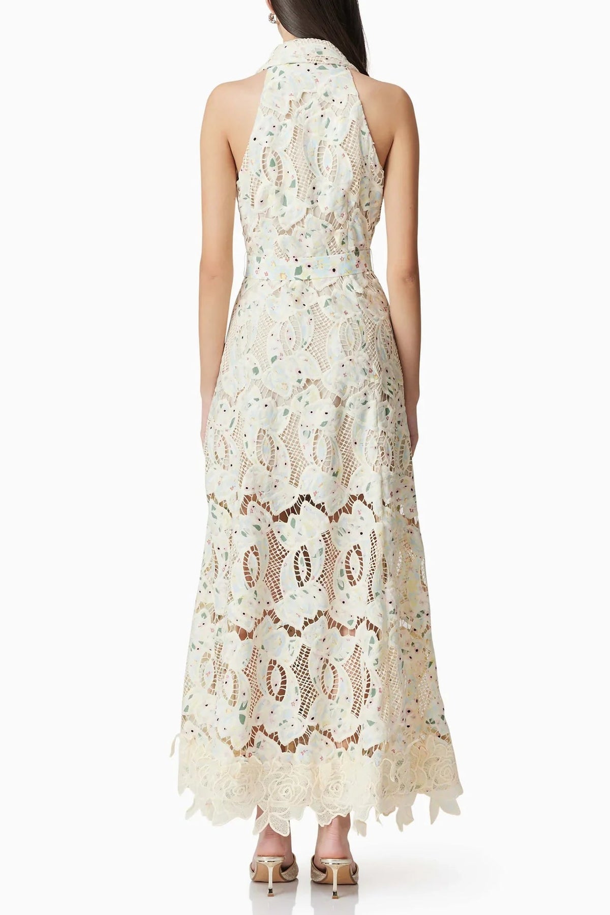 lisa v-neck Floral embroidery hollow Maxi Dress in beige